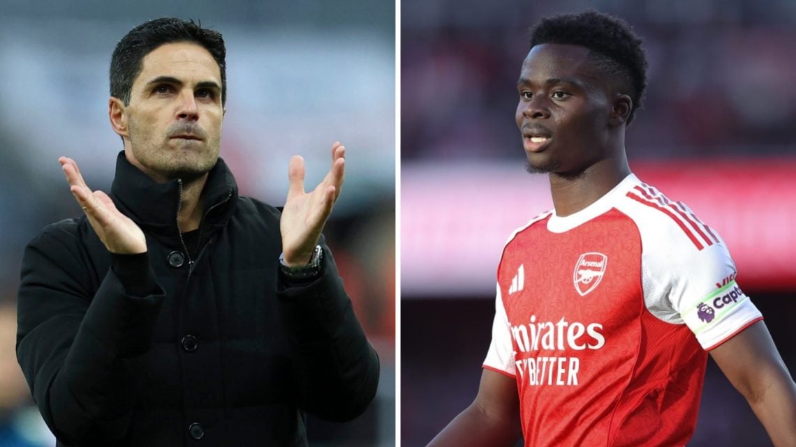 A split image featuring Mikel Arteta applauding after an Arsenal game alongside Bukayo Saka
