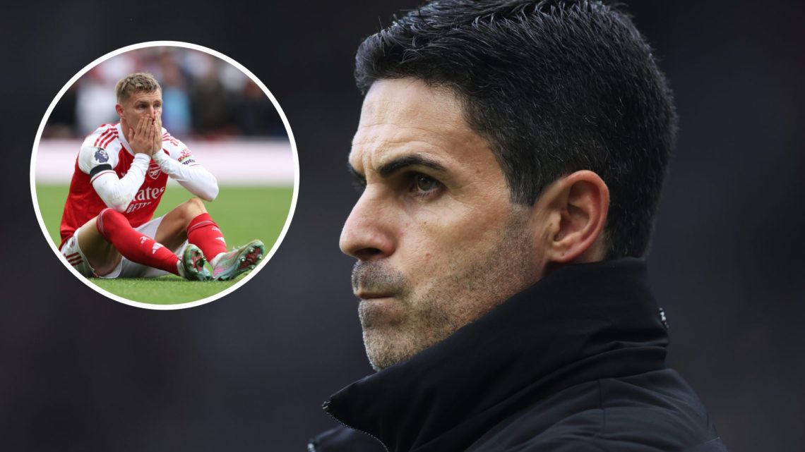 An image of Mikel Arteta looking on during an Arsenal game alongside Martin Odegaard holding his knee