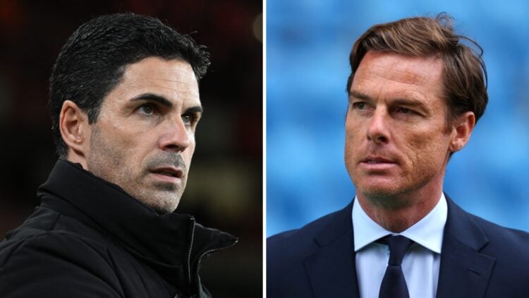 A split image featuring Mikel Arteta looking on in an Arsenal game alongside Burnley manager Scott Parker