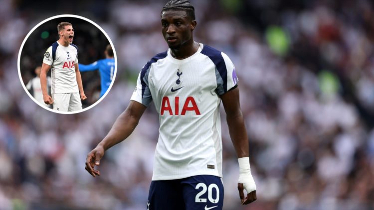 Mohammed Kudus playing for Tottenham (right) with Micky van de ven screaming overlayed (left)