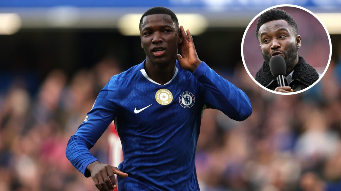 Moises Caicedo cupping his ear after scoring with John Obi Mikel doing punditry overlayed (right)