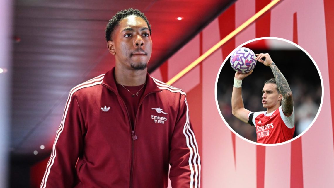 Arsenal star Myles Lewis-Skelly arriving at the Emirates Stadium, with Riccardo Calafiori offset taking a throw in