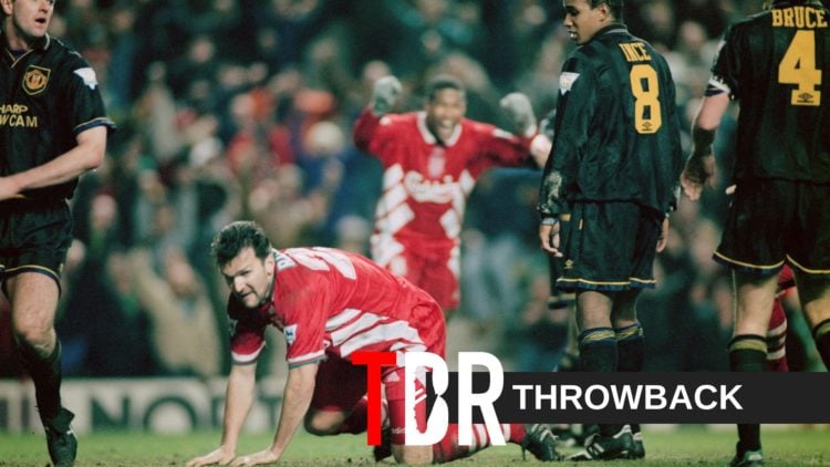 Neil Ruddock on the ground after scoring Liverpool's equaliser against Manchester United at Anfield in 1994