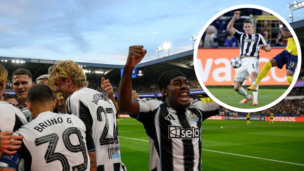 Newcastle United players celebrate their first goal vs Union Saint-Gilloise, with Sven Botman starring