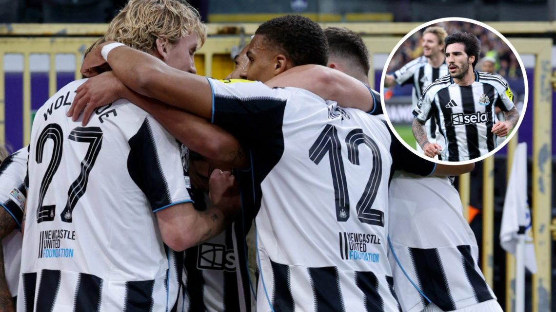 Newcastle United players celebrate during Champions League win with Sandro Tonali starring