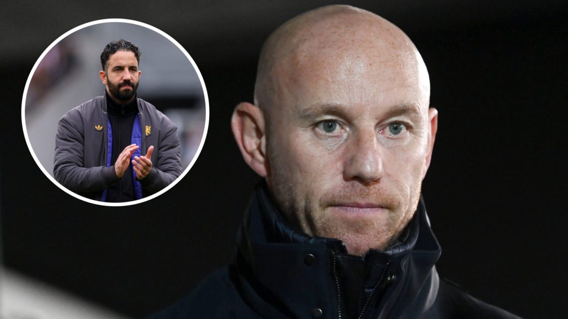 Manchester United legend Nicky Butt watches Salford City's FA Cup match against Peterborough United, alongside an inset of United head coach Ruben ...