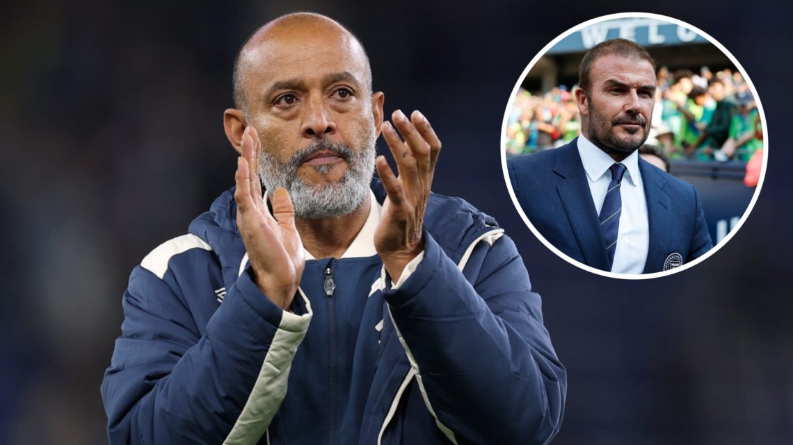 West Ham head coach Nuno Espirito Santo applauds supporters alongside an inset of Inter Miami owner David Beckham (top right)