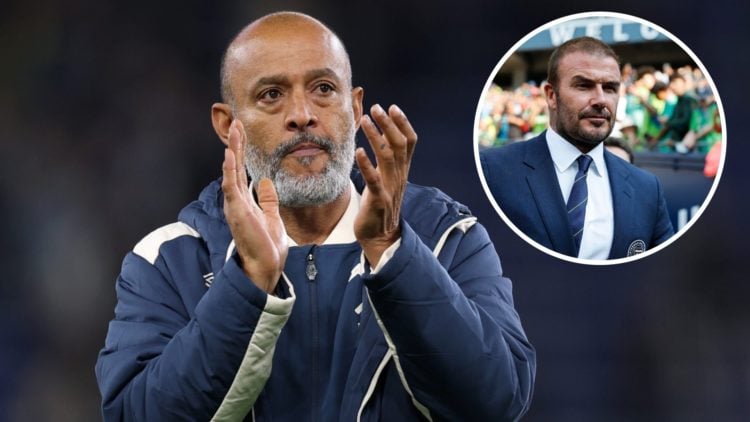 West Ham head coach Nuno Espirito Santo applauds supporters alongside an inset of Inter Miami owner David Beckham (top right)