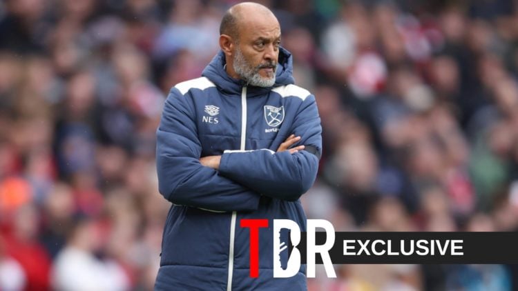 Nuno Espirito Santo watches on from the touchline during West Ham's Premier League defeat against Arsenal at the Emirates