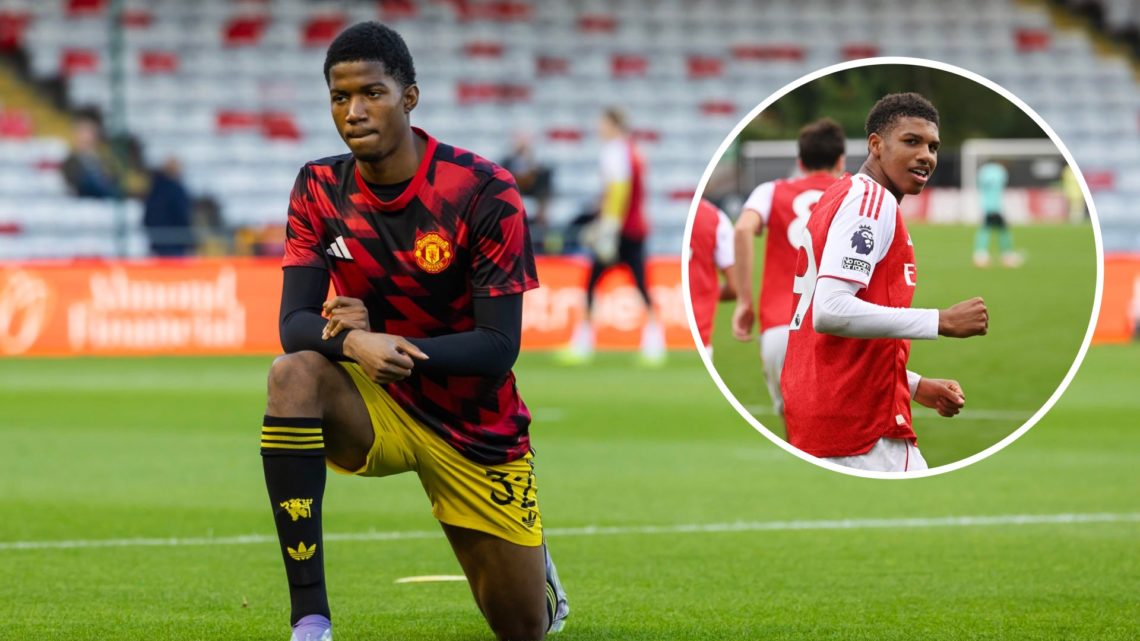 A split image featuring Chido Obi for Manchester United alongside Andre Harriman-Annous featuring for Arsenal