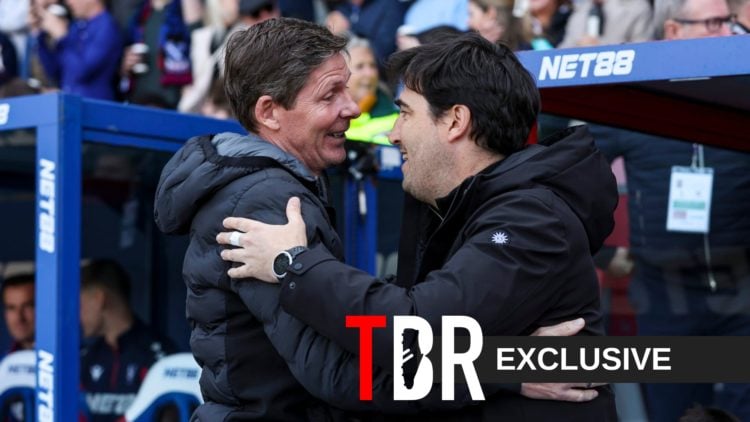 Crystal Palace boss Oliver Glasner and Bournemouth boss Andoni Iraola embrace on the touchline at Selhurst Park