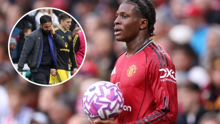 Patrick Dorgu prepares to take a throw-in during Manchester United's victory against Chelsea, alongside an inset of head coach Ruben Amorim looking...