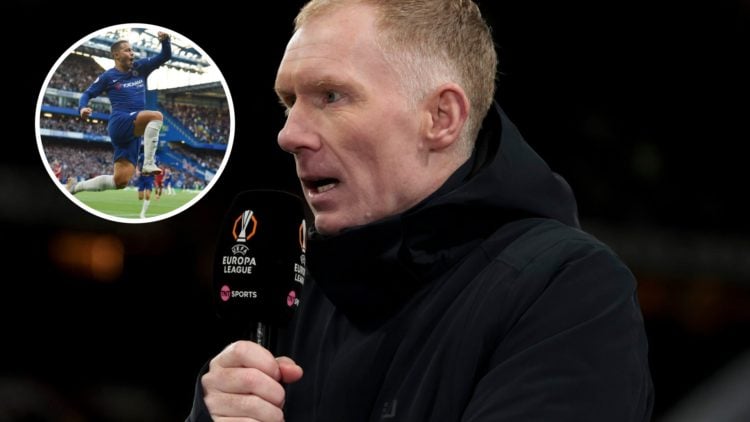 Paul Scholes doing punditry (right) with Eden Hazard celebrating a goal overlayed (left)