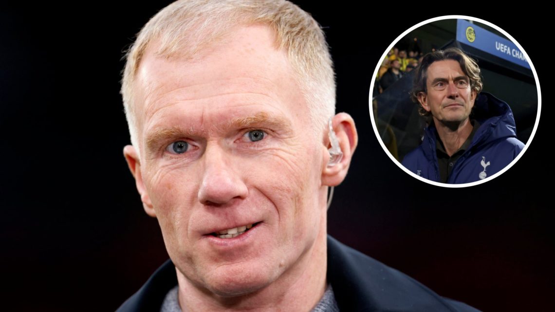 TV pundit Paul Scholes smiles down the camera before Manchester United v Lyon in the Europa League at Old Trafford, alongside an inset of Tottenham...