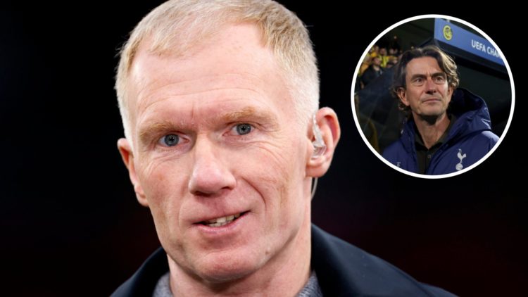 TV pundit Paul Scholes smiles down the camera before Manchester United v Lyon in the Europa League at Old Trafford, alongside an inset of Tottenham...