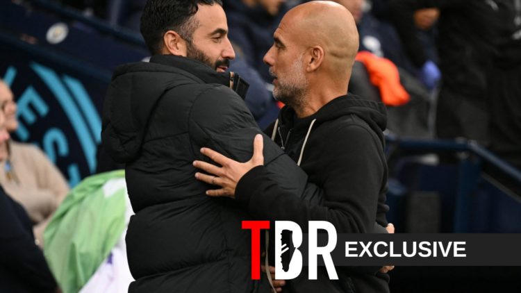 Pep Guardiola and Ruben Amorim embrace on the touchline ahead of Manchester City vs Manchester United at the Etihad Stadium