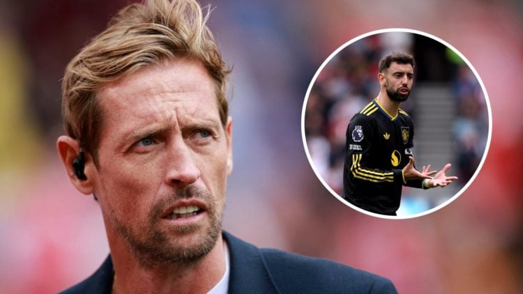 Peter Crouch looks on during a Premier League alongside an inset of Bruno Fernandes reacting during Brentford vs Manchester United