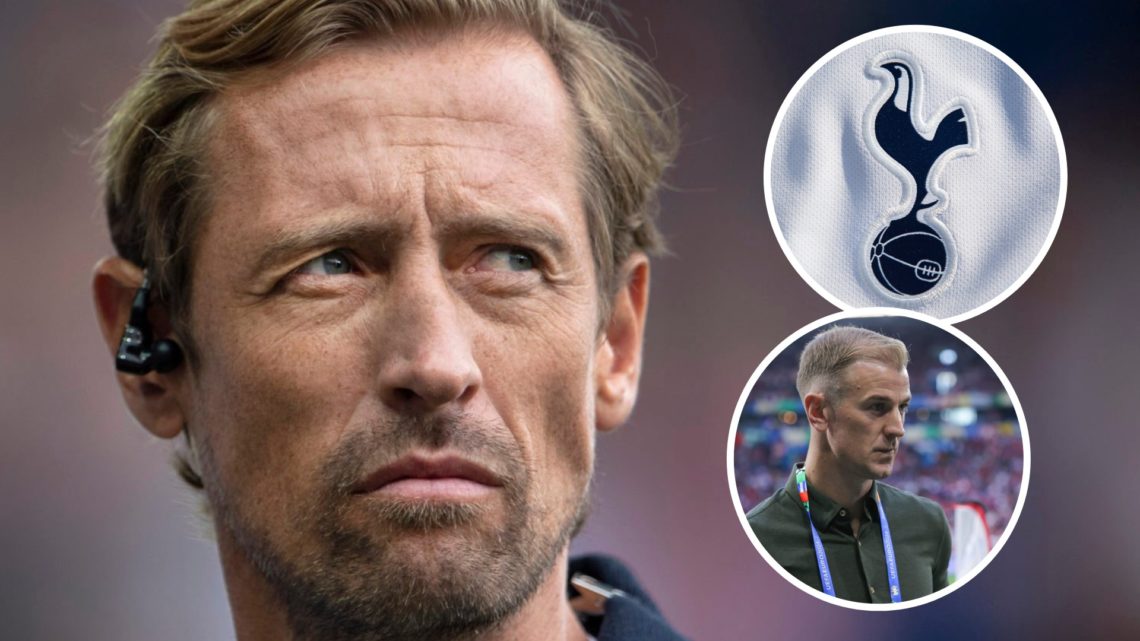 Peter Crouch working as a pundit. Inset of Joe Hart and Tottenham Hotspur badge.