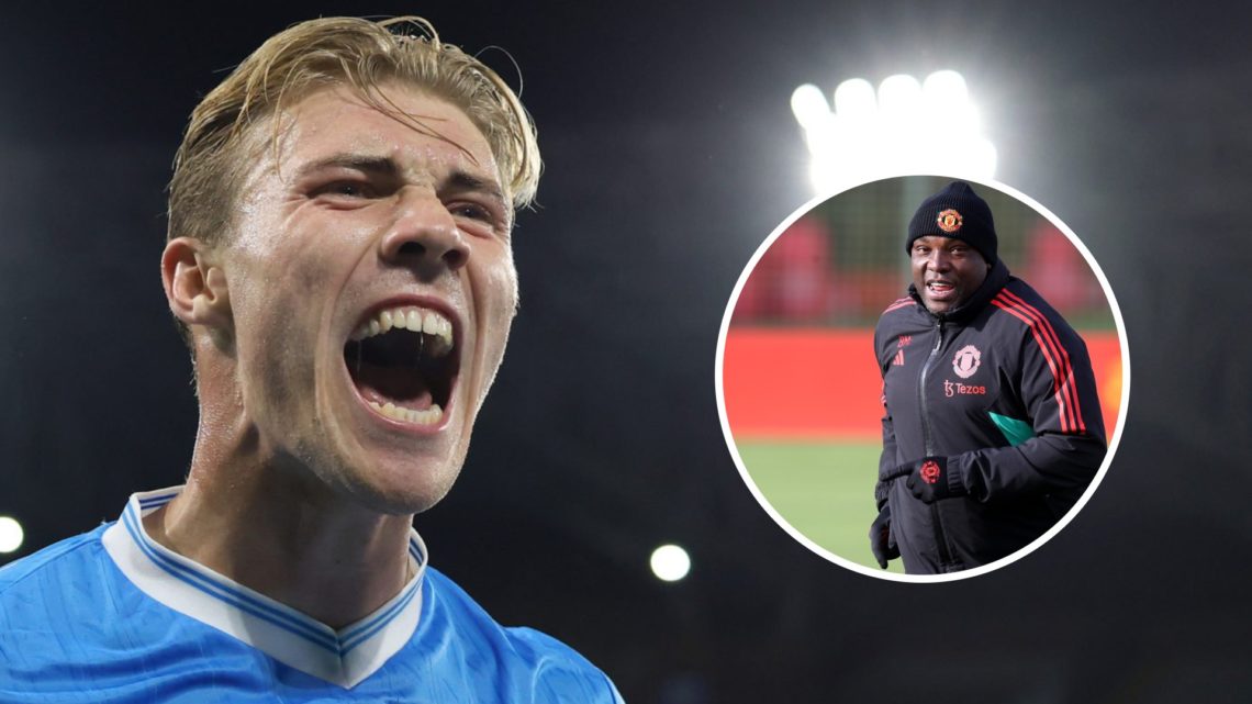 Rasmus Hojlund celebrates for Napoli, with Benni McCarthy as a first-team coach at Manchester United offset