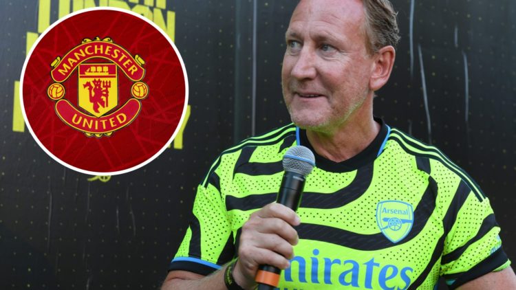 Ray Parlour is interviewed at the Arsenal Supporters Party in Los Angeles, California, alongside an inset of the Manchester United badge (top left)