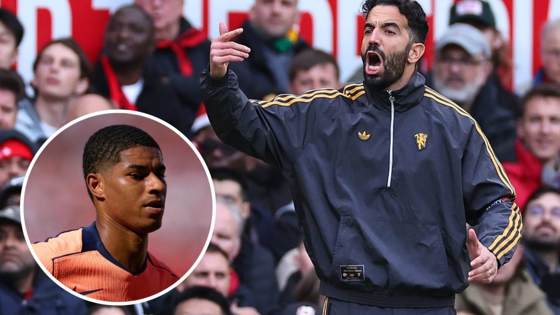 Ruben Amorim reacts on the touchline during Manchester United's 2-0 win against Sunderland at Old Trafford, alongside an inset of Barcelona forward...