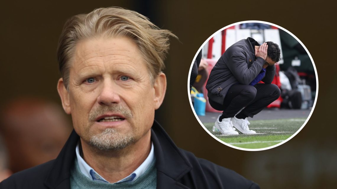 Peter Schmeichel during the Manchester derby, with Manchester United boss Ruben Amorim dejected (offset right)