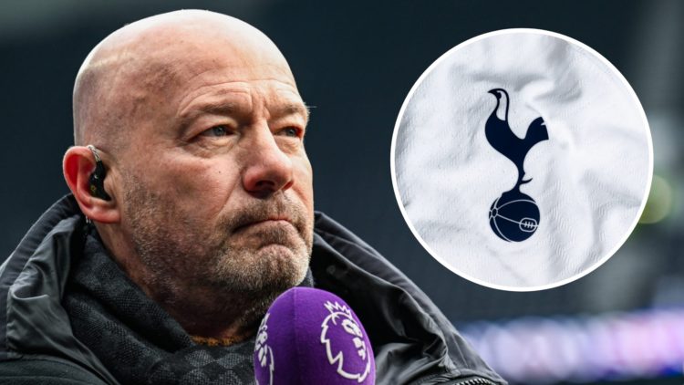 Alan Shearer looks on (left) and a Tottenham badge (right)
