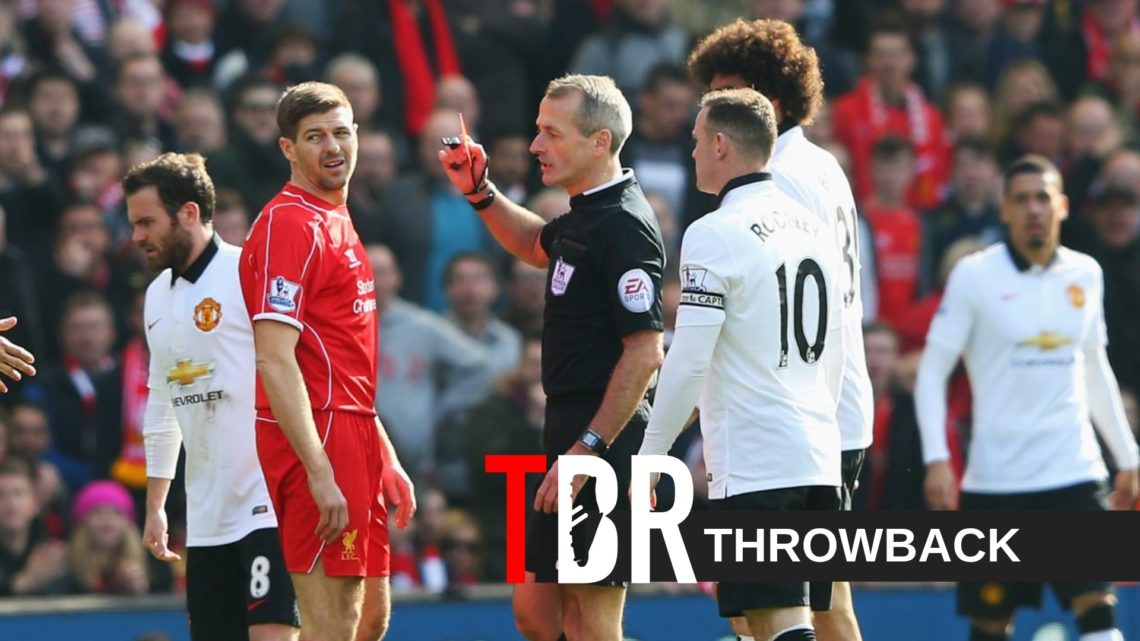 Steven Gerrard of Liverpool is shown the red card by referee Martin Atkinson during the Barclays Premier League match between Liverpool and Manches...