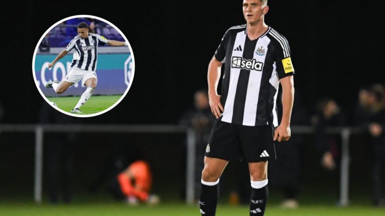 Sven Botman stood on the pitch for Newcastle with Malick Thiaw shooting overlayed (left)