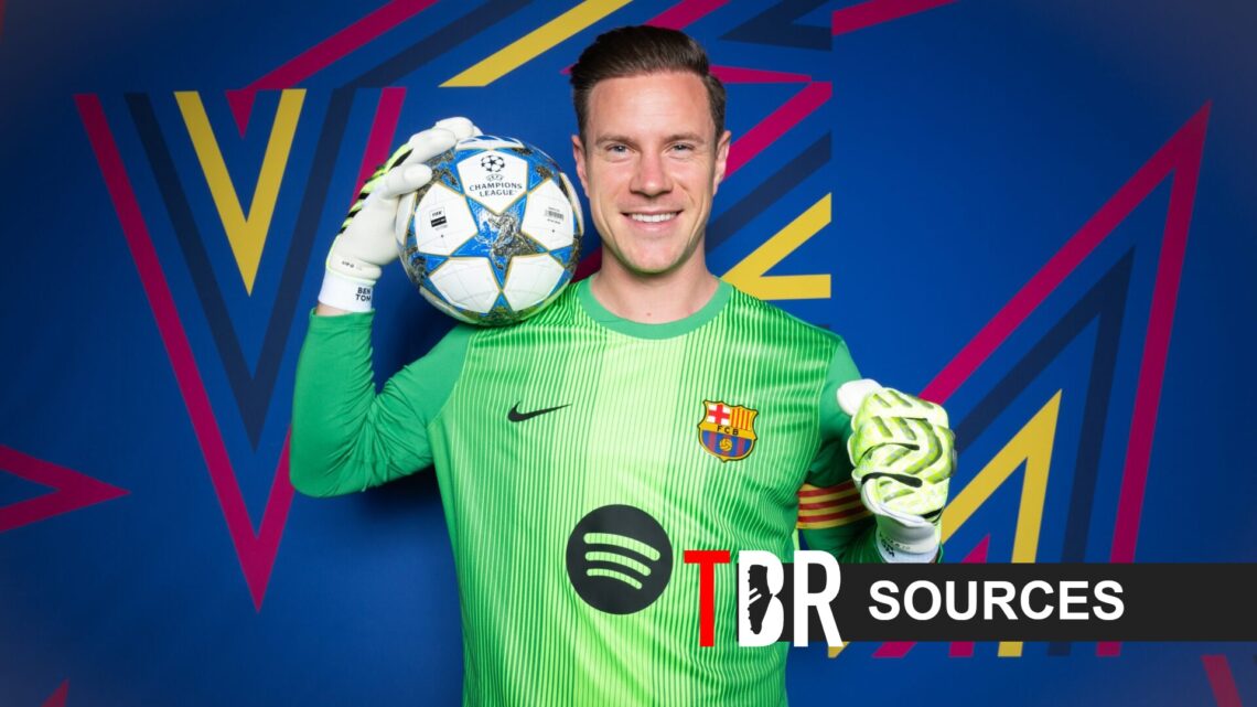 Ter Stegen of Barcelona looks straight down the camera holding a football