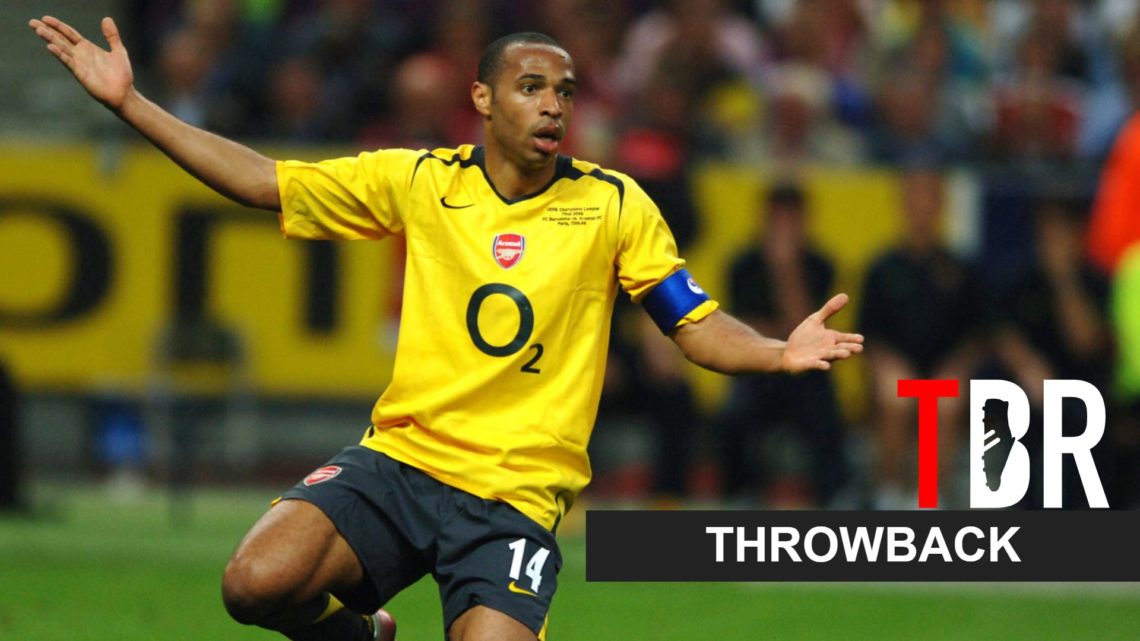 Thierry Henry reacts during an Arsenal game alongside a throwback banner and the TBR Football logo