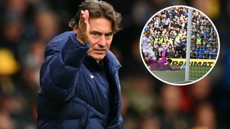Tottenham Hotspur head coach Thomas Frank gestures on the touchline during his side's Premier League match against Leeds United, alongside an inset...
