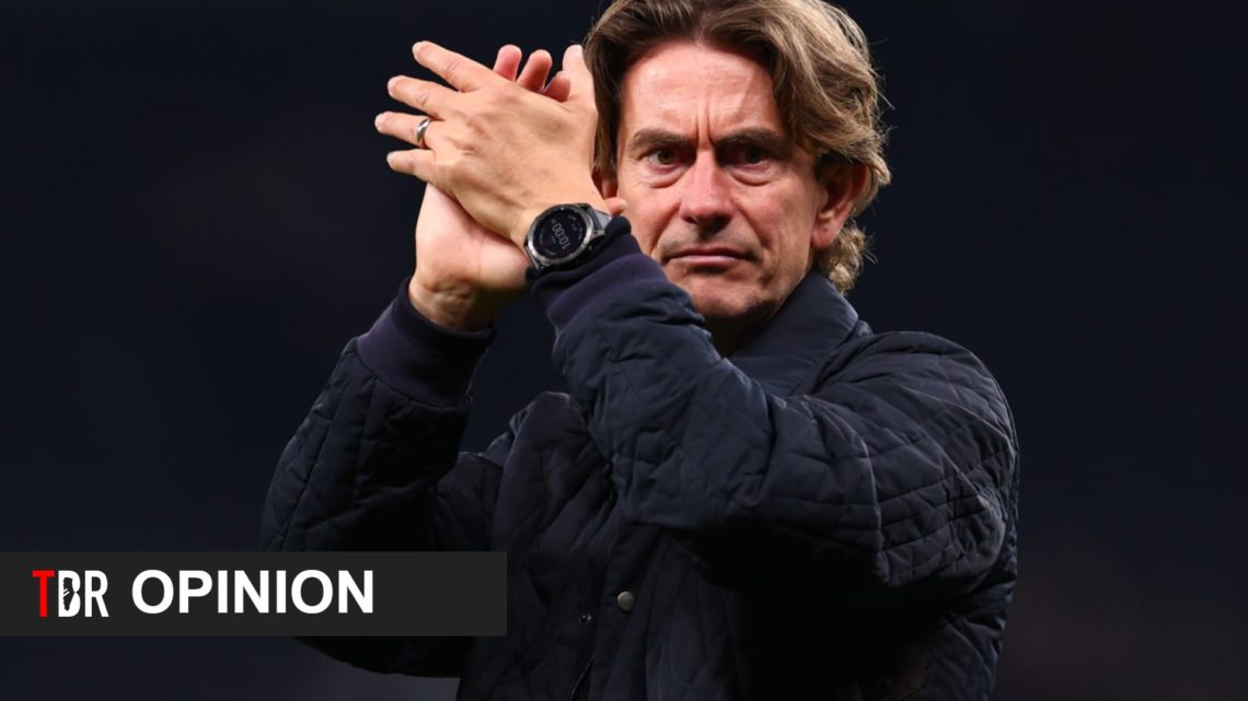 Tottenham Hotspur manager Thomas Frank with opinion banner overlaid.