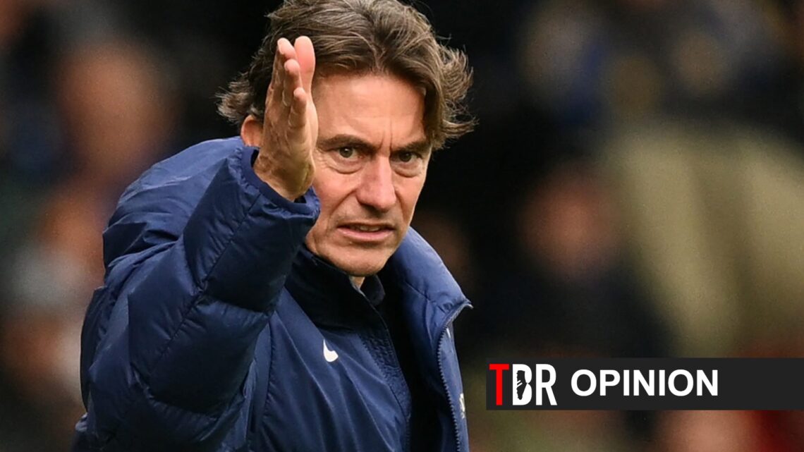 Spurs manager Thomas Frank, with TBR opinion banner overlaid.