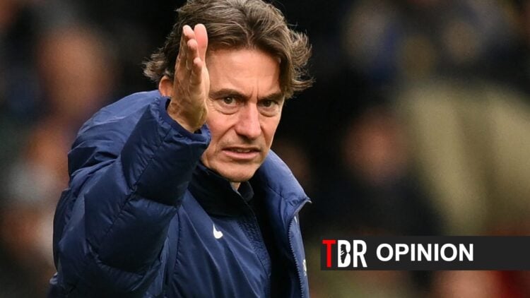 Spurs manager Thomas Frank, with TBR opinion banner overlaid.