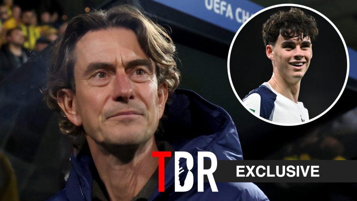 Thomas Frank manages Tottenham in the Champions League, with Archie Gray offset right