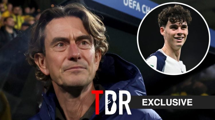 Thomas Frank manages Tottenham in the Champions League, with Archie Gray offset right