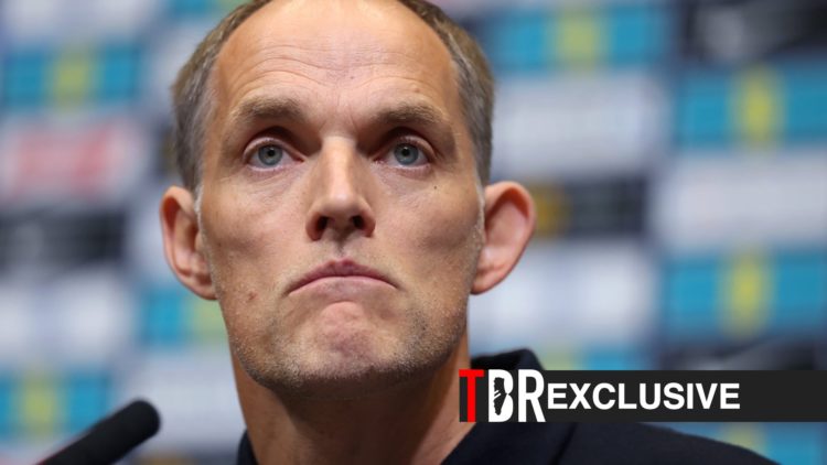 Thomas Tuchel during a press conference for England, TBR logo and exclusive label inset