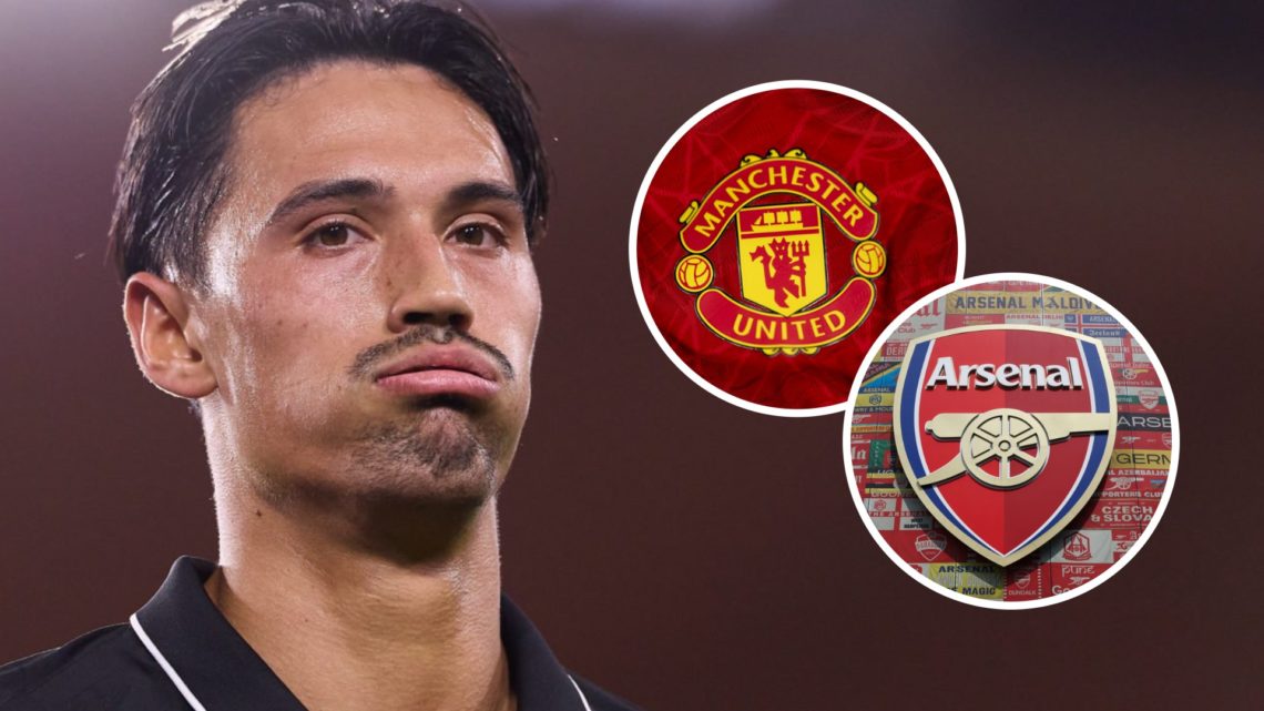Tijjani Reijnders of Manchester City looks on (left), Arsenal and Manchester United badgers (right)