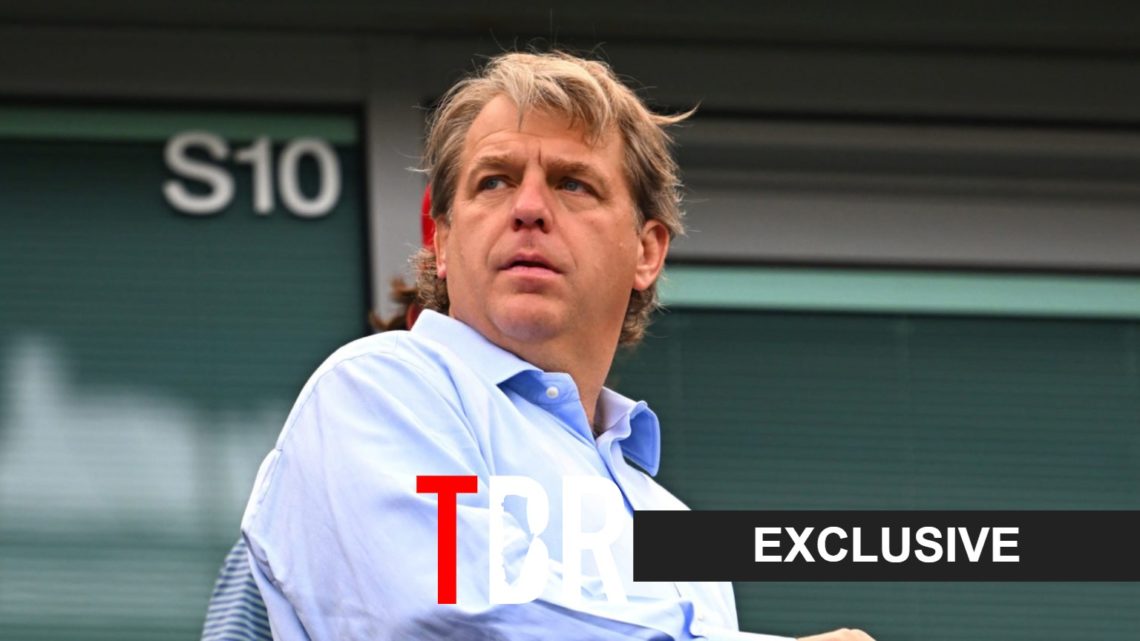 Todd Boehly watching a Chelsea game with a TBR Football exclusive tab overlayed (right)