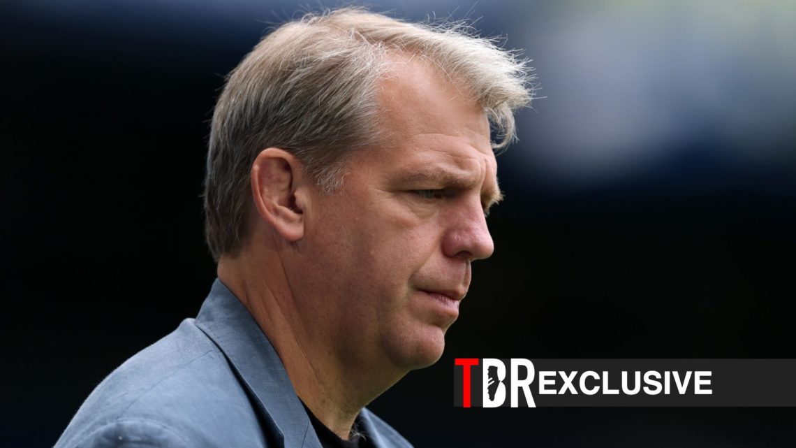Todd Boehly looks on during a Premier League clash between Chelsea and Fulham, TBR logo and exclusive label inset