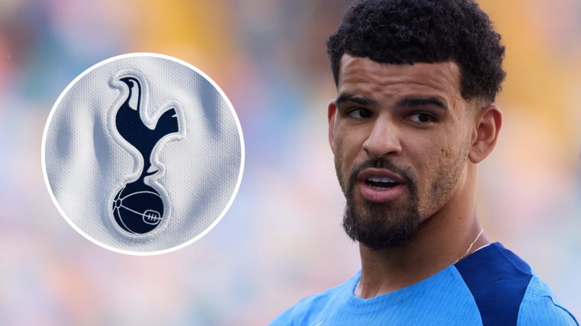 Tottenham Hotspur striker Dominic Solanke ahead of UEFA Super Cup. Inset of Spurs badge.