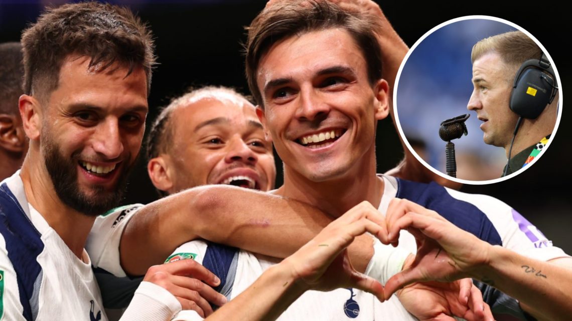 Tottenham Hotspur midfielders Joao Palhinha and Rodrigo Bentancur celebrate goal. Inset of Joe Hart.
