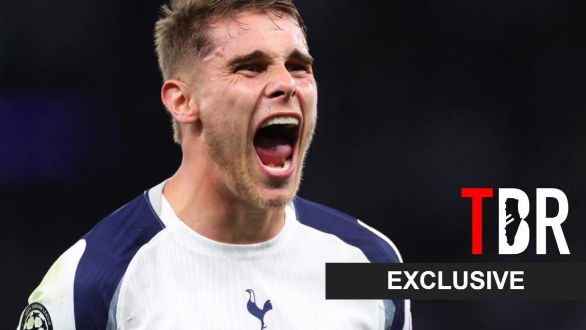Tottenham Hotspur defender Micky van de Ven celebrates during Champions League match.