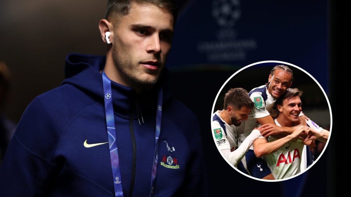 Tottenham Hotspur defender Micky van de Ven ahead of Champions League match. Inset of Xavi Simons.