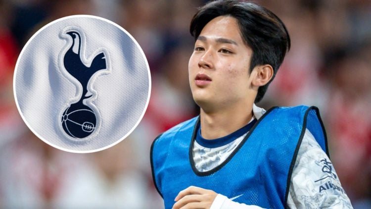 Tottenham Hotspur winger Min-Hyeok Yang warming up. Inset of Spurs badge.
