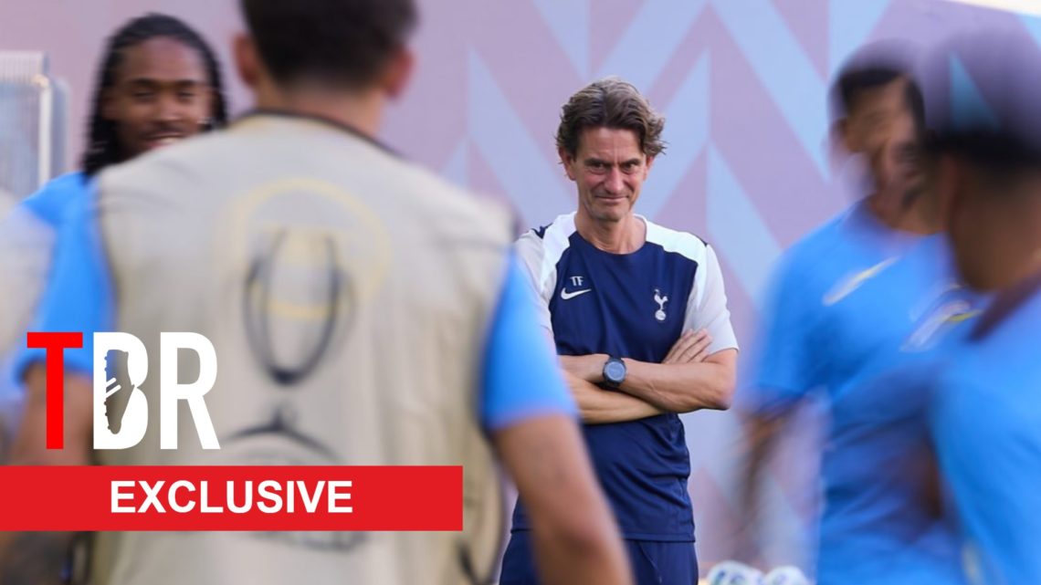 Tottenham Hotspur manager Thomas Frank watching the squad train ahead of Super Cup final.