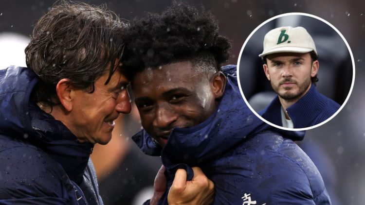Tottenham Hotspur manager Thomas Frank grabs Mohammed Kudus after beating Leeds. Inset of James Maddison.