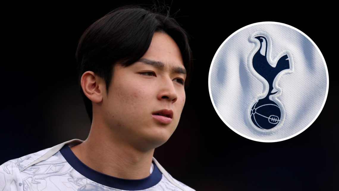 Tottenham Hotspur winger Yang Min-Hyeok ahead of pre-season game. Inset of Spurs badge.