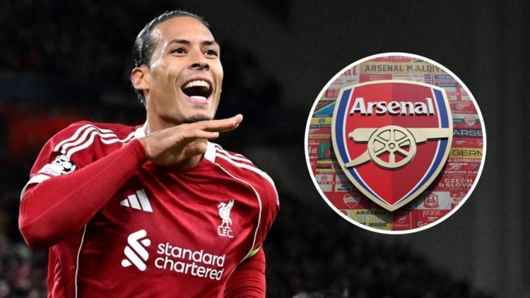 Virgil van Dijk of Liverpool (left) celebrates, Arsenal badge (right)